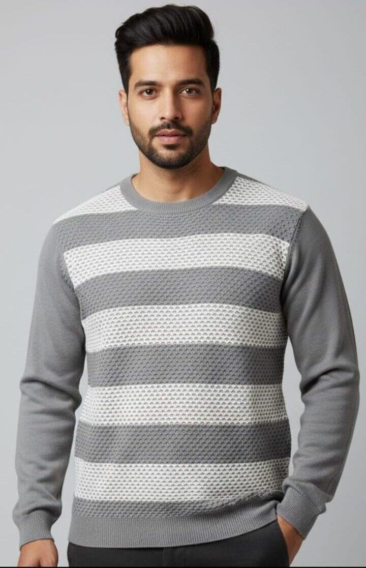 Knitted Grey Strip Full Hand T-shirt